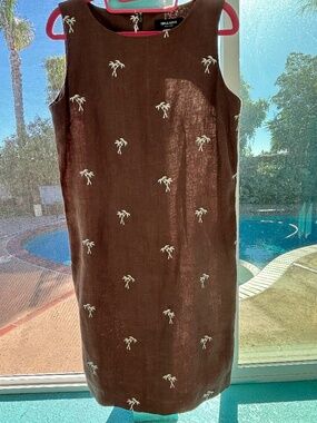 Brown linen dress with embroidered palm trees size 10